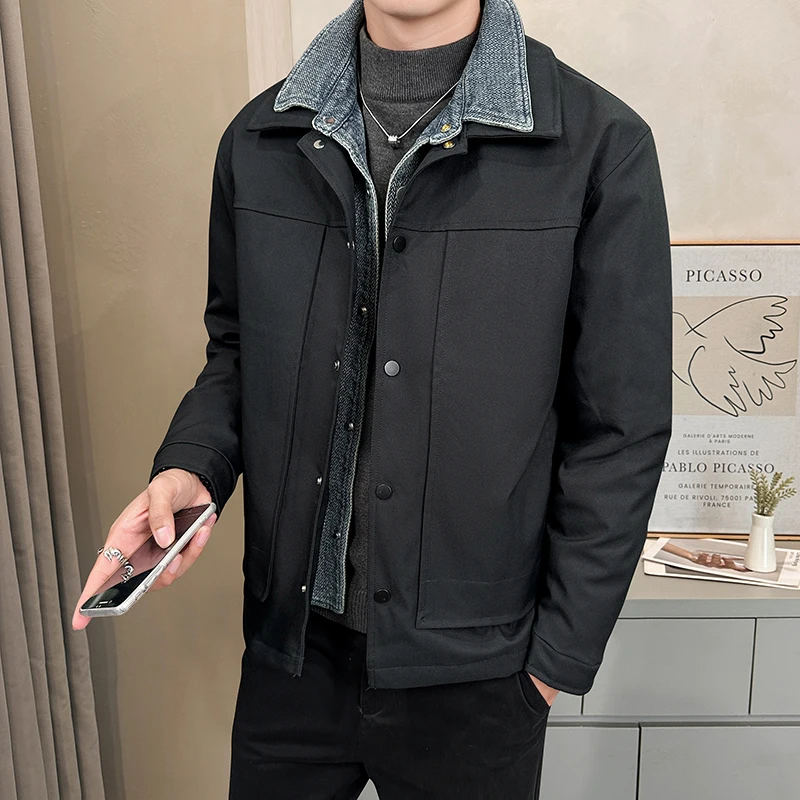 

Autumn and Winter American-style Patchwork Fake Two-piece Down Jacket Mens Lapel Warm Down Jacket Versatile Duck Down Jacket Men