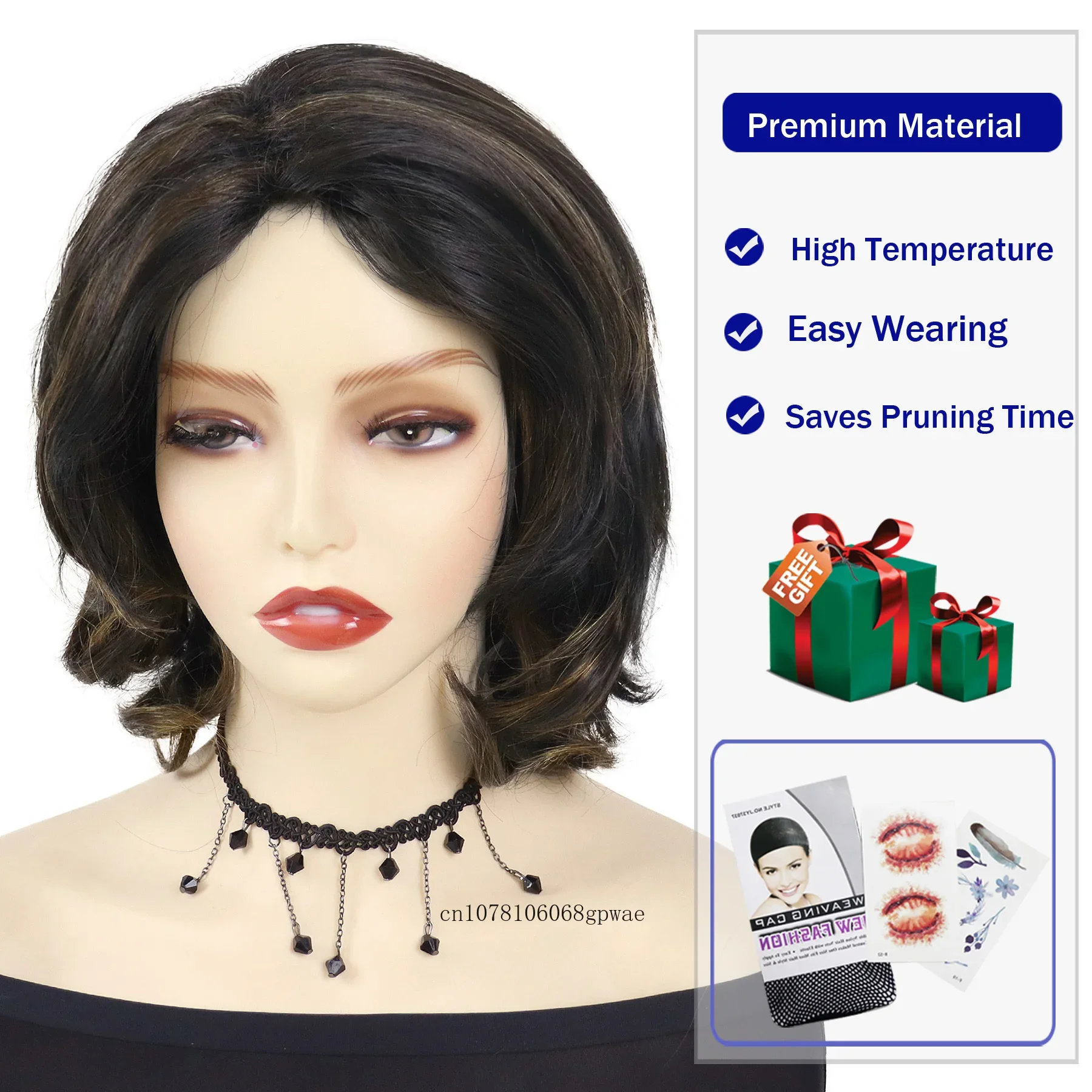 Synthetic Hair Mix Brown Wig for Women Lady Short Curly Wigs with Bangs Daily Use Party Costume Cosplay High Temperature Fiber