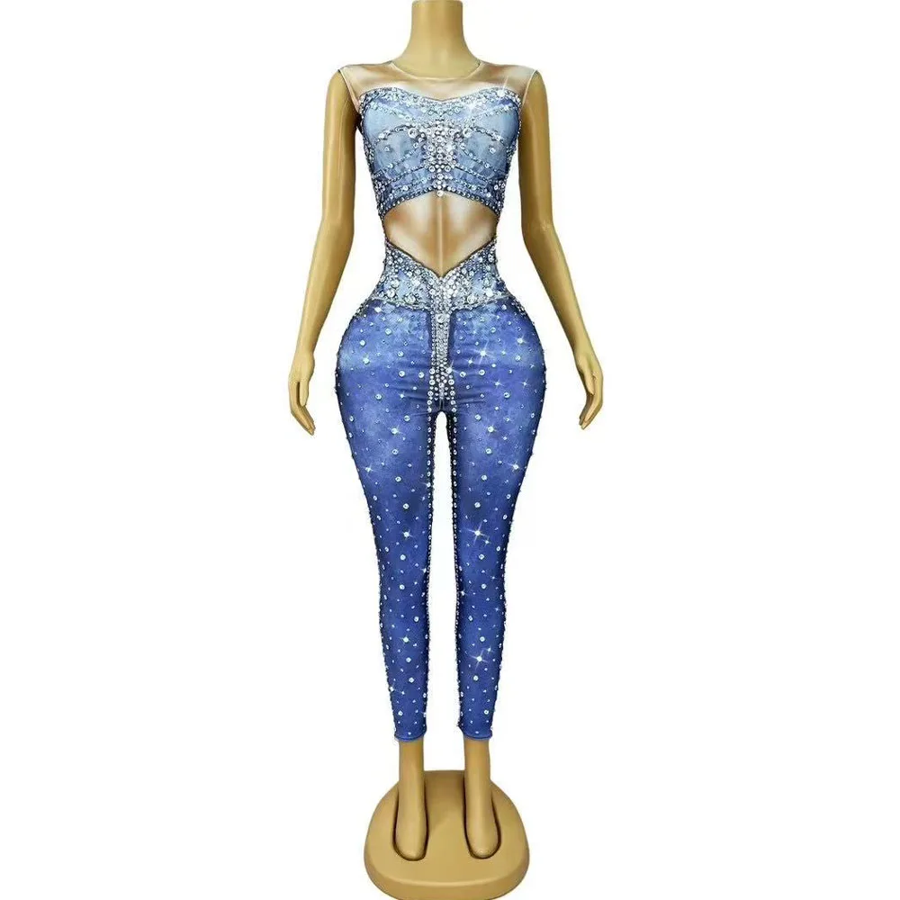 Sexy Jeans Pattern Design Sparkly Rhinestones Jumpsuit Women Singer Dancer Peformance Party Show Blingbling Photoshoot Outfit
