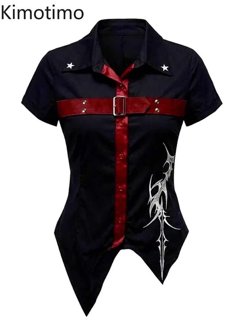 Kimotimo Women Gothic Shirt Punk Star Lapel Cross Printed Asymmetrical Hem Short Sleeve Slim Fit Top Vintage Harajuku Y2k Blouse