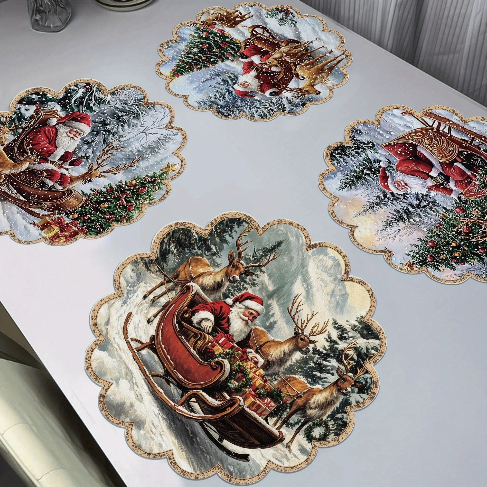 2/4/6/8Pcs Santa Claus and Reindeer Pattern Round Wavy Placemats Merry Christmas Decorative Placemats Non-Slip Fabric Table Mats Suitable for Holiday Decorations for Dining and Parties