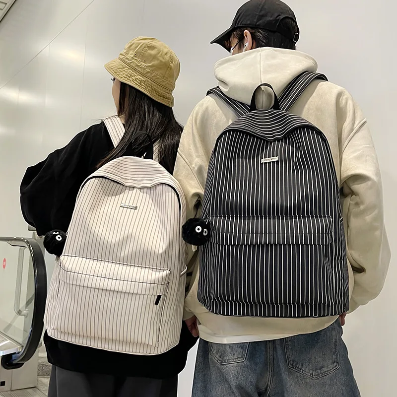 Japanese Casual Men Women Stripes Backpack Laptop Rucksack College Students Schoolbag Large Capacity Light Travel Backpacks