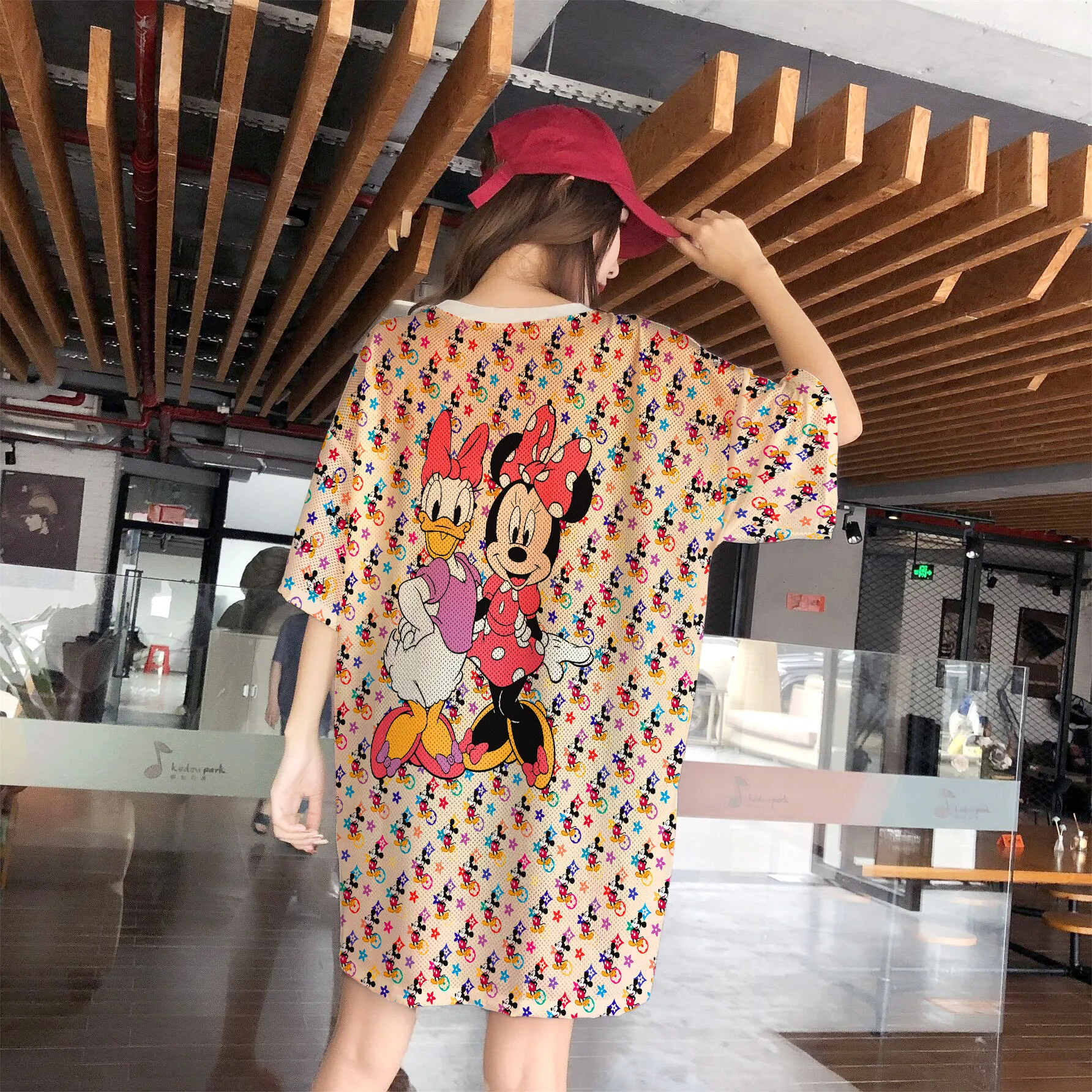 Disney summer Minnie print nightdress loose pajamas midi skirt women's short-sleeved T-shirt mesh quick-drying clothes