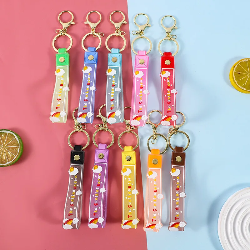 Minso سيليكون بريق شفافة الشمس قوس قزح الجلود حبل سلسلة المفاتيح الكرتون قلادة ، آلة مخلب الزيت دمية ملحق مفتاح سلسلة