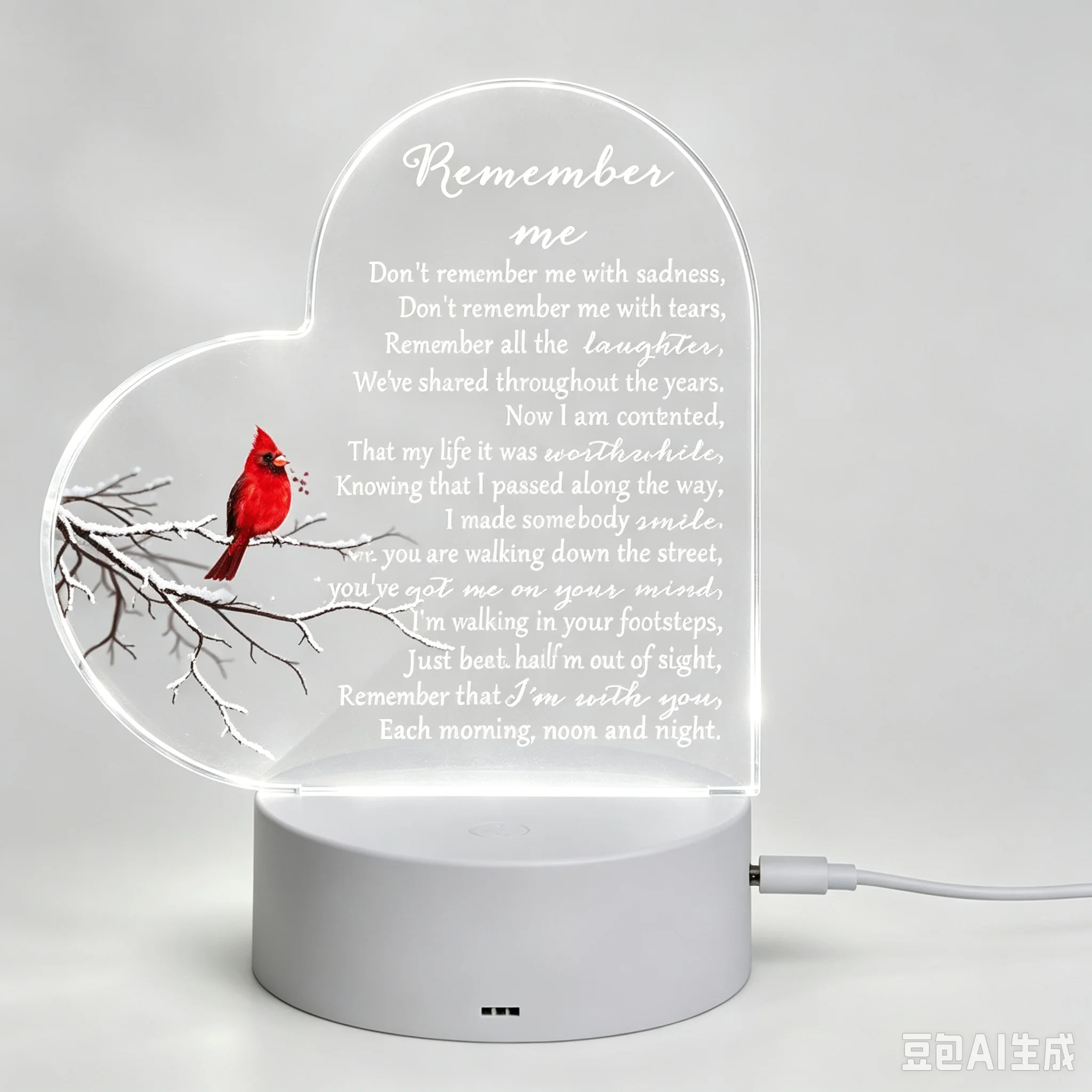 Heart‑Shaped Red Cardinal Remembrance Acrylic Night Light, LED Bedside Lamp Memorial Bereavement Gift