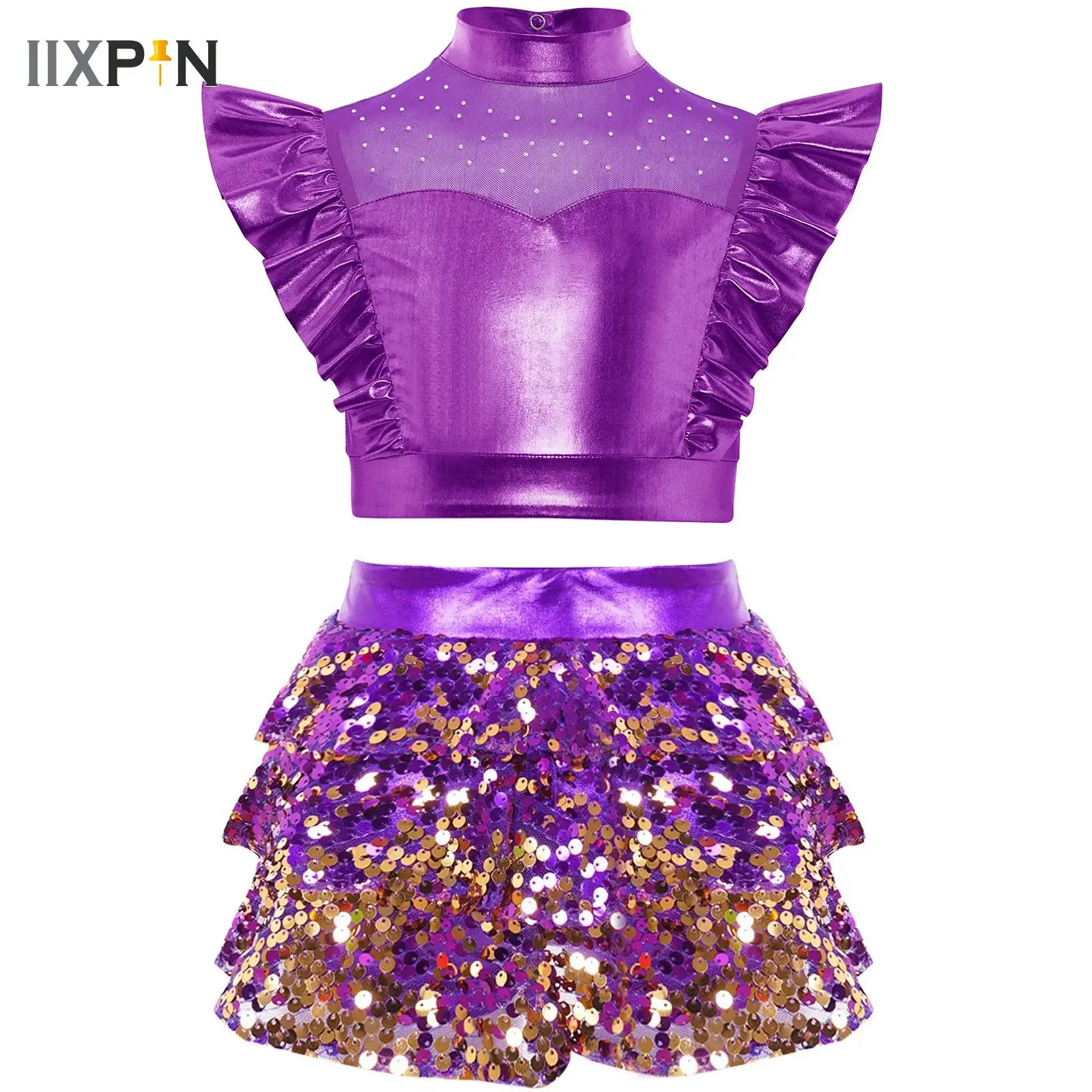 

Kids Girls Jazz Dance Outfit Two Pieces Shiny Sequins Dancewear Sets Metallic Crop Top with Skirted Culottes Child Stage Costume