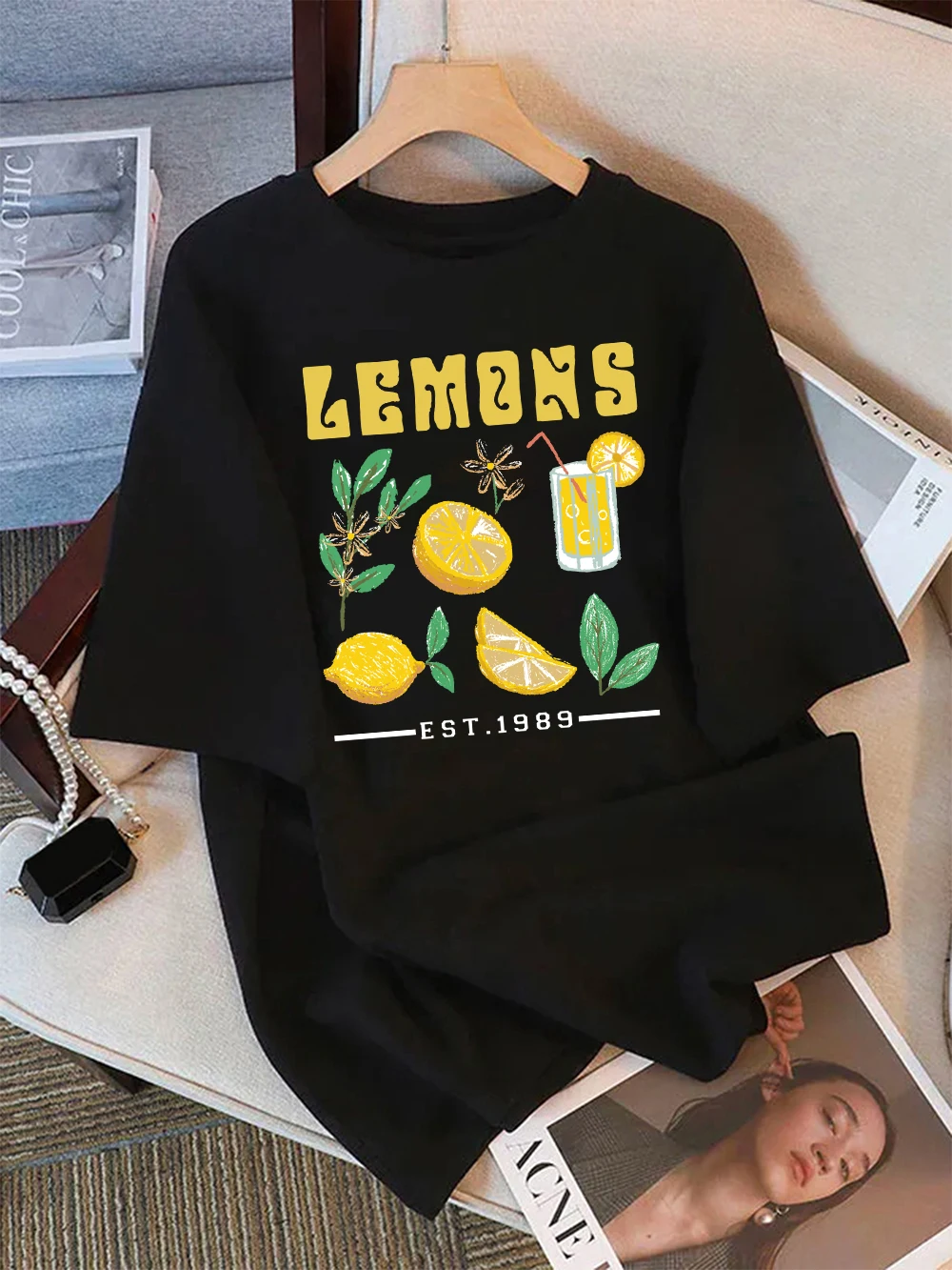 Damen-T-Shirts aus 100 % Baumwolle, Sommer-T-Shirt mit Zitronensaft-Druck, bequem, weich, O-Ausschnitt, Freizeitkleidung