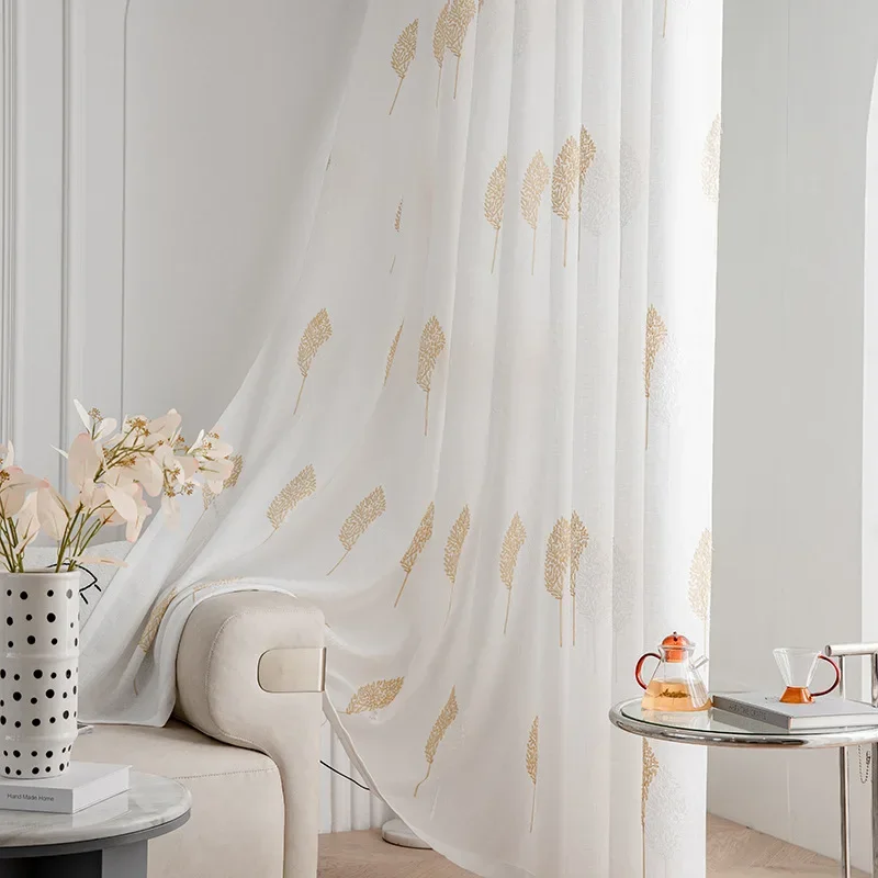 1PC Curtains American Simple Leaf Plant Curtain for Living Room Window Bedroom Embroidered Door Sheer Guaze Tulle Yarn