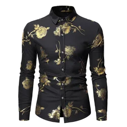 Heren Gouden Roos Bloemenprint Shirts Merk Bloemen Steampunk Chemise Wit Lange Mouw Huwelijksfeest Bronzing Camisa Masculina Nieuw