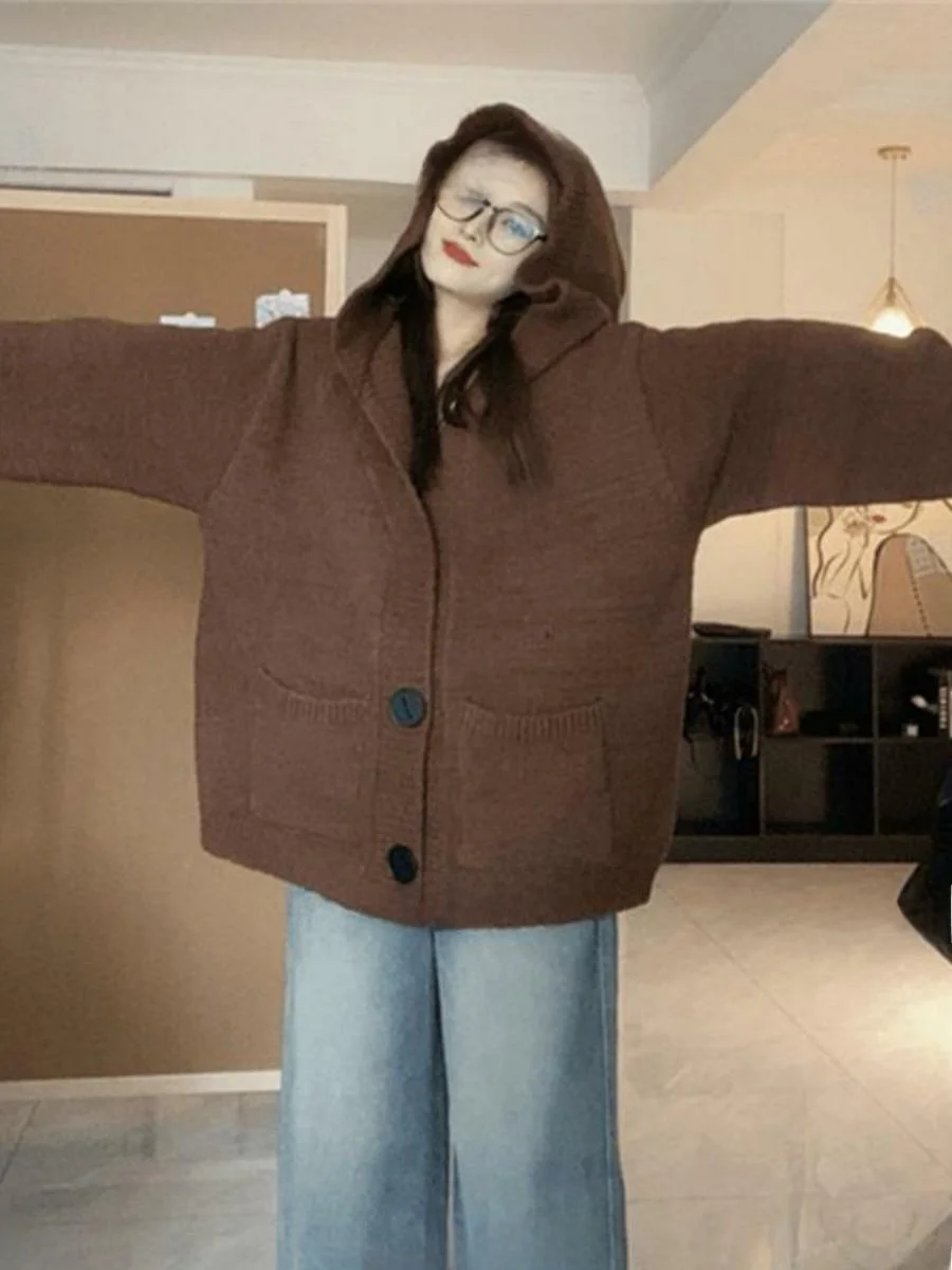 

Вязаный кардиган Laid-ba Sle в стиле ретро с капюшоном для женщин, весенняя коллекция, новая модель в стиле Old Money, вязаный кардиган Dongda Gate