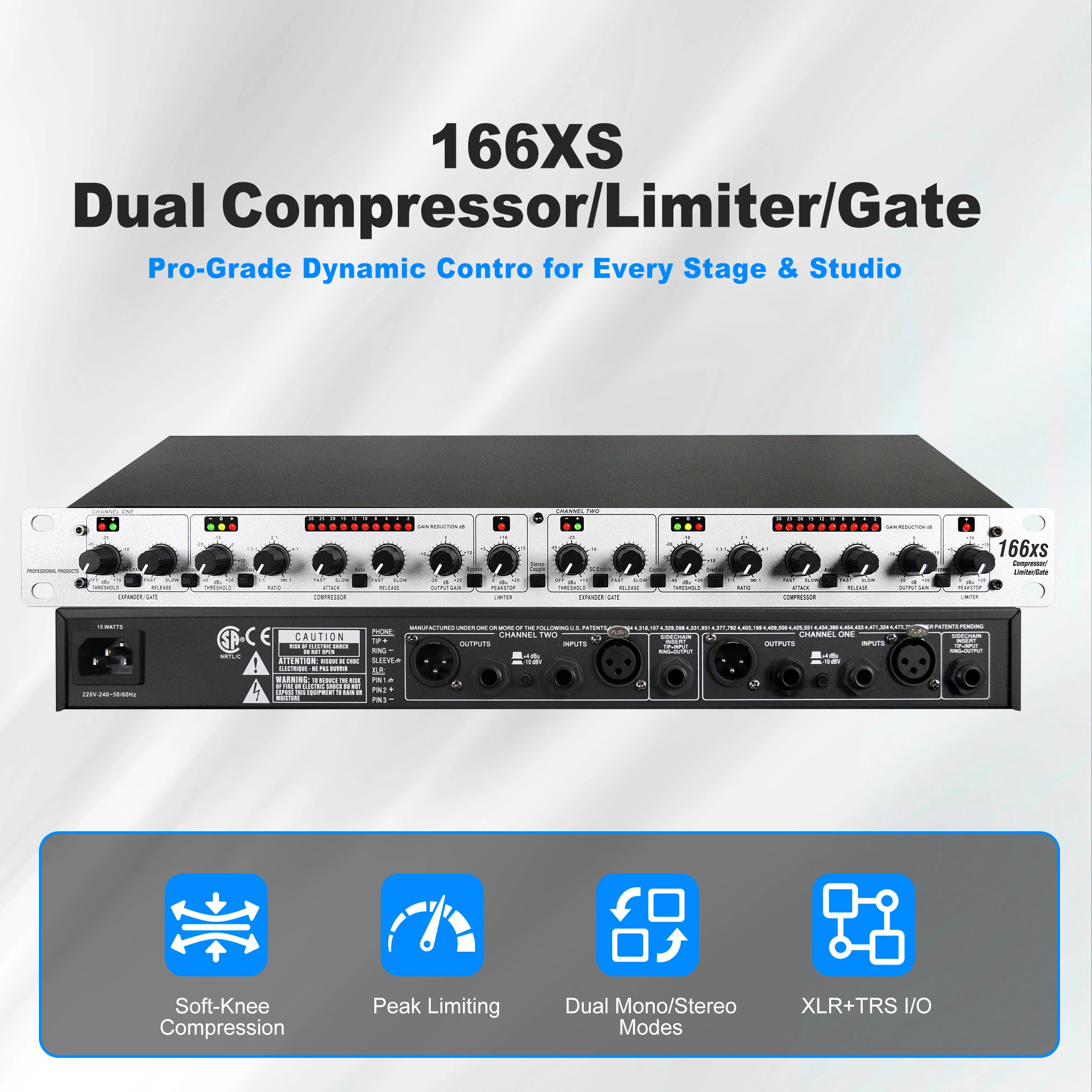 Dual Channel Compressor Limiter Noise Gate 1U Rack Mount Audio Dynamic Processor for Studio Recording Live Stage Sound
