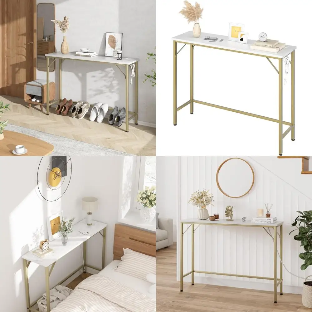 

Gold and White Console Table with Outlets, Slim Sofa Table for Living Room and Entryway