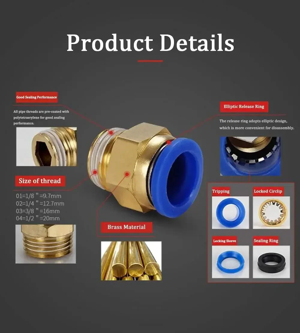 Pneumatic Air Connector PC Fitting 4/6/8/10/12mm Thread 1/8 1/4 3/8 1/2 Push-In Air Quick Connectors Pneumatic Components