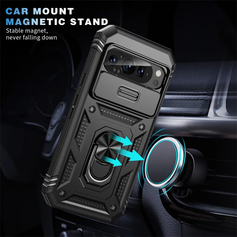 Full Protect Armor Car Magnetic Ring  For Google Pixel 9 Pro XL 5G Case Slide Lens Protection Coque for Pixel9 Pro 9Pro XL Cover