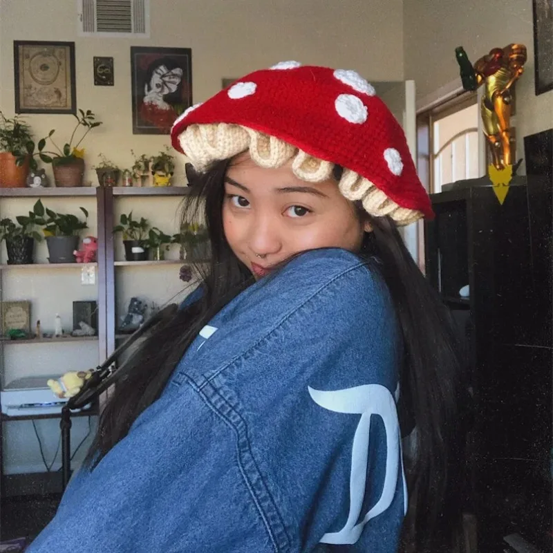 Häkel- und Wollmütze für den Herbst, Pilzmütze, Winter-Strickmütze, Fischermütze, zeigen sich ihre kleinen Gesichter, niedliche und warme Beckenmütze