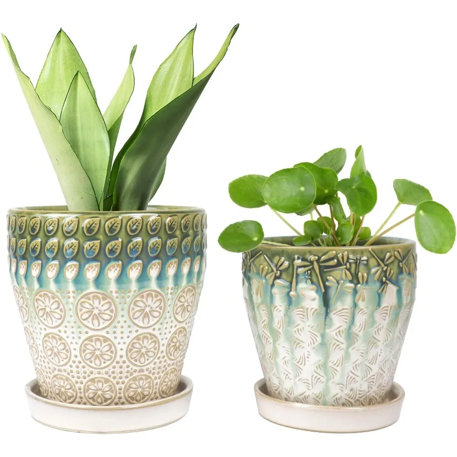 

6 Inch + 5 Inch Ceramic Planter with Drainage Hole and Saucer for Plants IndoorOutdoor Round Succulent Orchid Garden Flower Pot