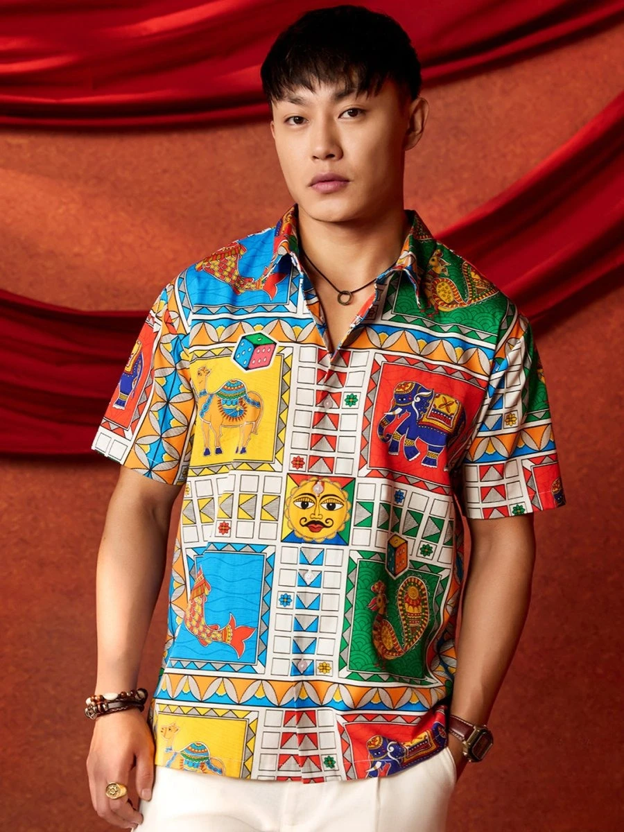 2026 Men's Retro Indian Ethnic Printed Short Sleeve Shirt Retro Colorful Elephant Camel Peacock Pattern Round Neck Shirt