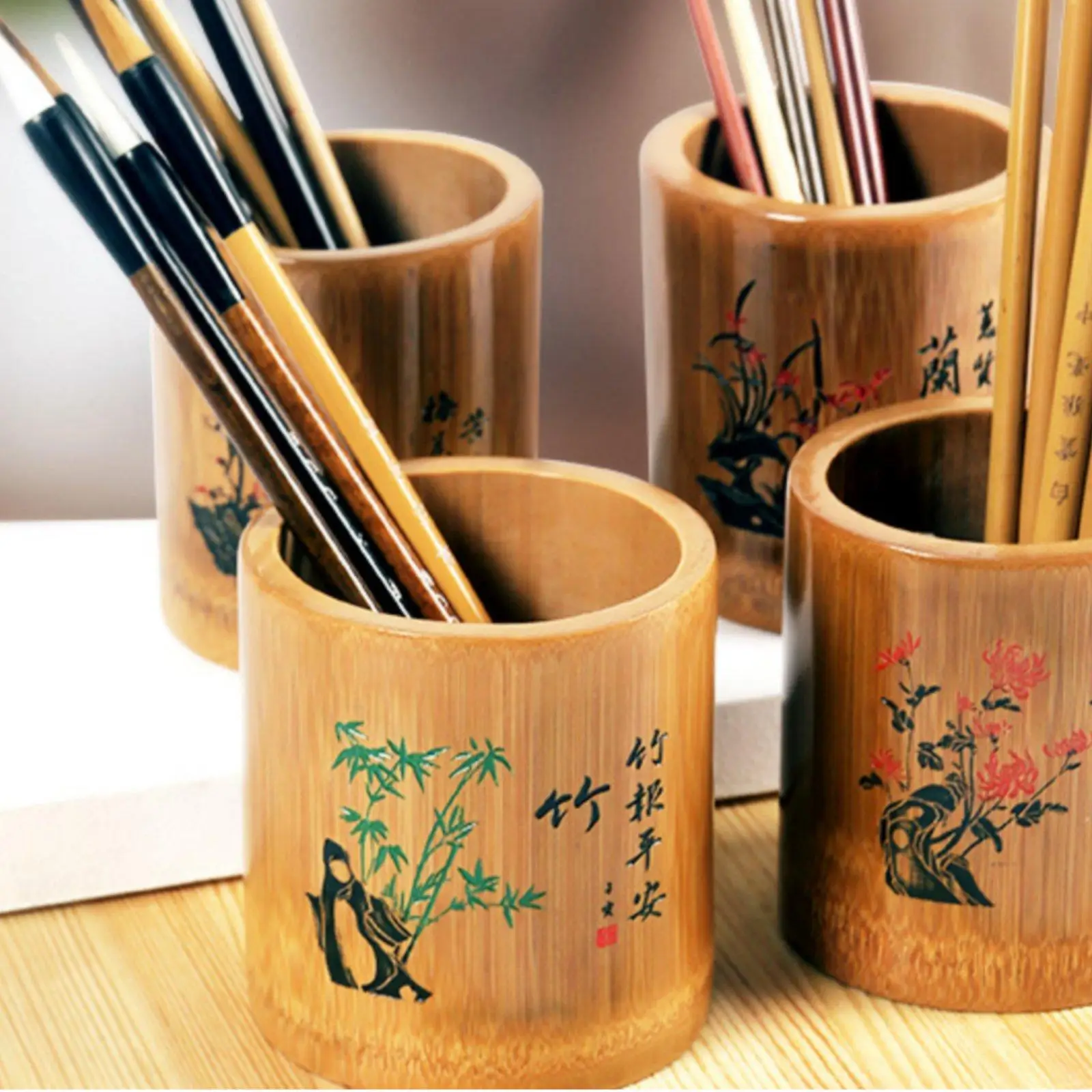 Bamboo Pen Holder Carved Ethnic Pattern Organizer Desk Accessory Container for Home Office Study