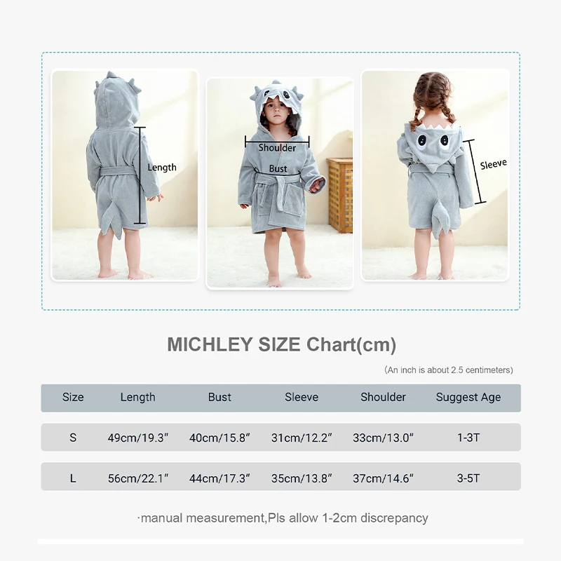 MICHLEY Shark Dinosaur Hooded Baby Bathrobe Cotton Soft Infant Bath Towel Robe Pajamas For Kids Boy Girl Children 1-5T view 4