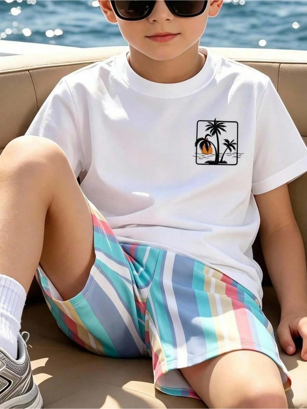 Neue Sommer-Kinderkleidung für Jungen, verspieltes Muster, Rundhalsausschnitt, kurzärmeliges Oberteil, gewellte Streifen-Shorts, bequeme Kinderkleidung – Detail 4