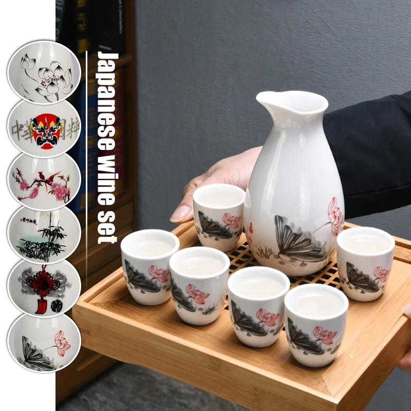 

7pcs Japanese Style Sake Wine Warm Chinese Wine Set Ceramic Sake Japan Porcelain Vintage Ceramic Pot Flagon Liquor Spirits Cups