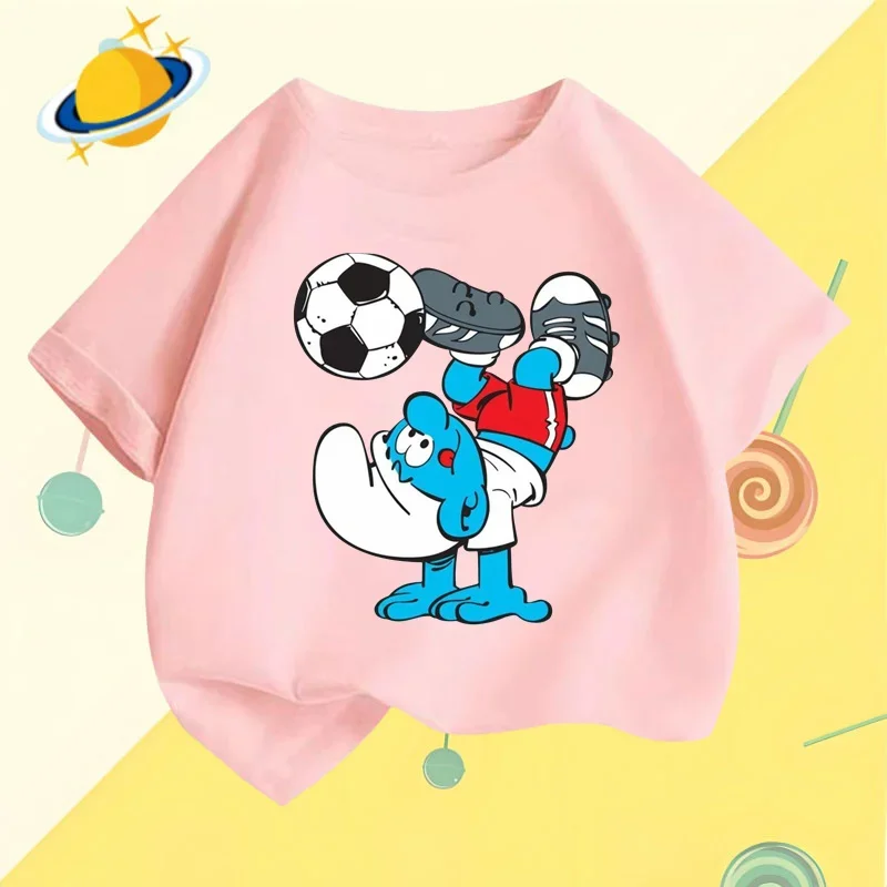 Coppa europea Smurfs estate bambini cartone animato t-shirt Anime stampa sport manica corta ragazzi camicia casual ragazze Kawaii top