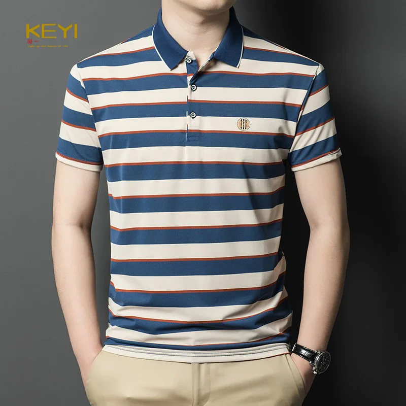 

Новинка лета 2025: полосатая тонкая высококачественная повседневная мужская рубашка-поло с короткими рукавами и короткими рукавами