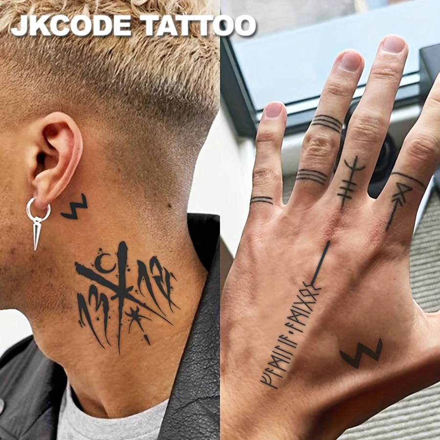 

2-Piece Set of Herbal Temporary Tattoos with Viking Symbols, Mysterious Totems, Dark Style, Cool Text Lines, Pirate Summer Design for Men, Dual-Use for Hand and Neck, Long-Lasting Waterproof for 15 Days