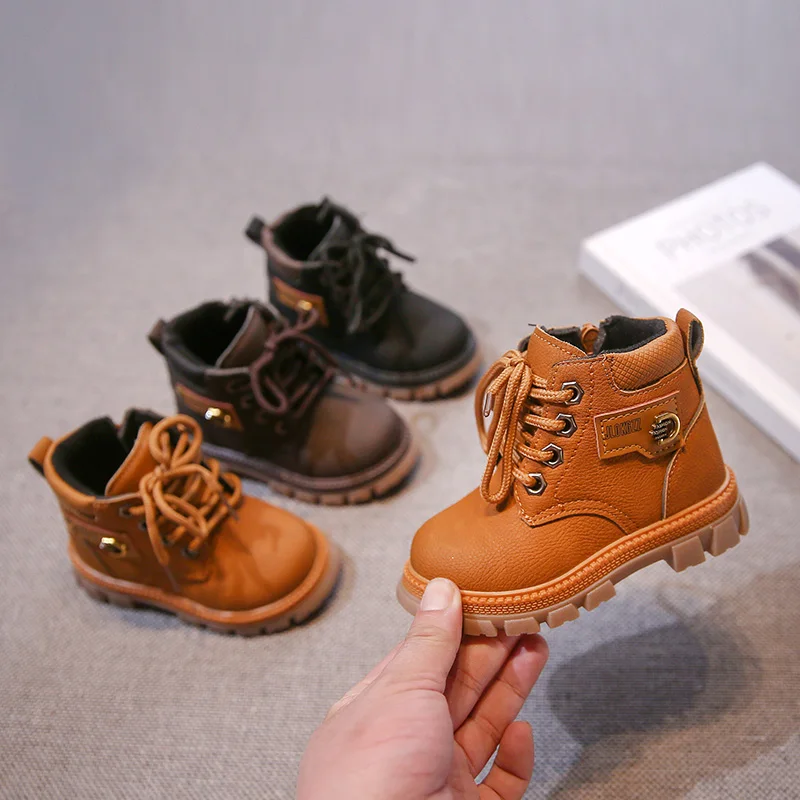 

Children Leather Boots Round Toe Kids Short Boots with Side Zipper 2024 New Fashion Kids Ankle Boots Soft Sole Metal Decoration