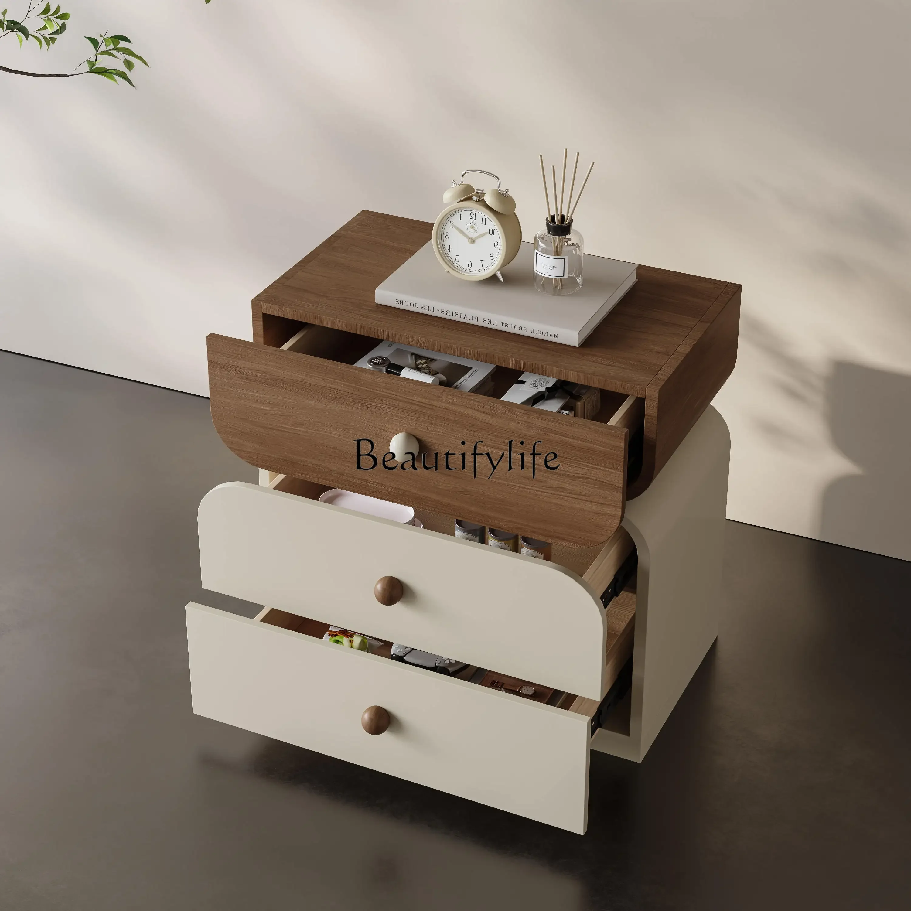 

jjz.Solid wood bedside table Modern simple medieval cream light luxury high-end drawer storage three-bucket cabinet