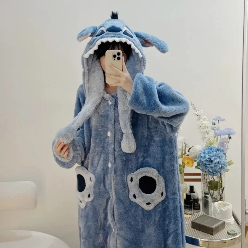 

Lilo & Stitch Anime Stitch Nightgown Kawaii Lounge Clothes Girl Thickened Long Style Bathrobe Leisure Pajamas Keep Warm Gift