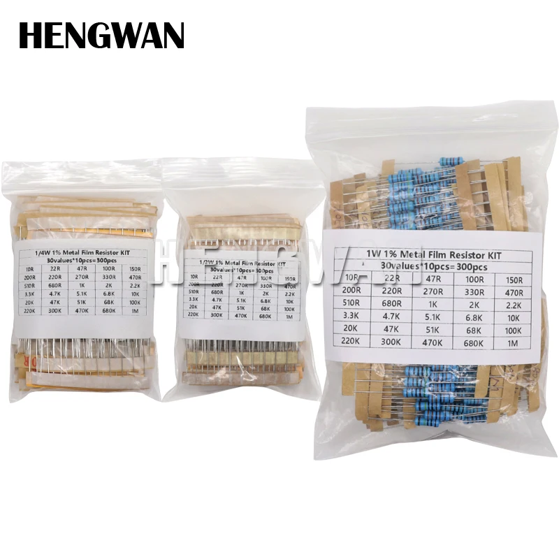 300PCS 1/4W 1/2W 1W 1% Metal Film Resistor Assortment Kit 10R -1M Ohm Resistance Set