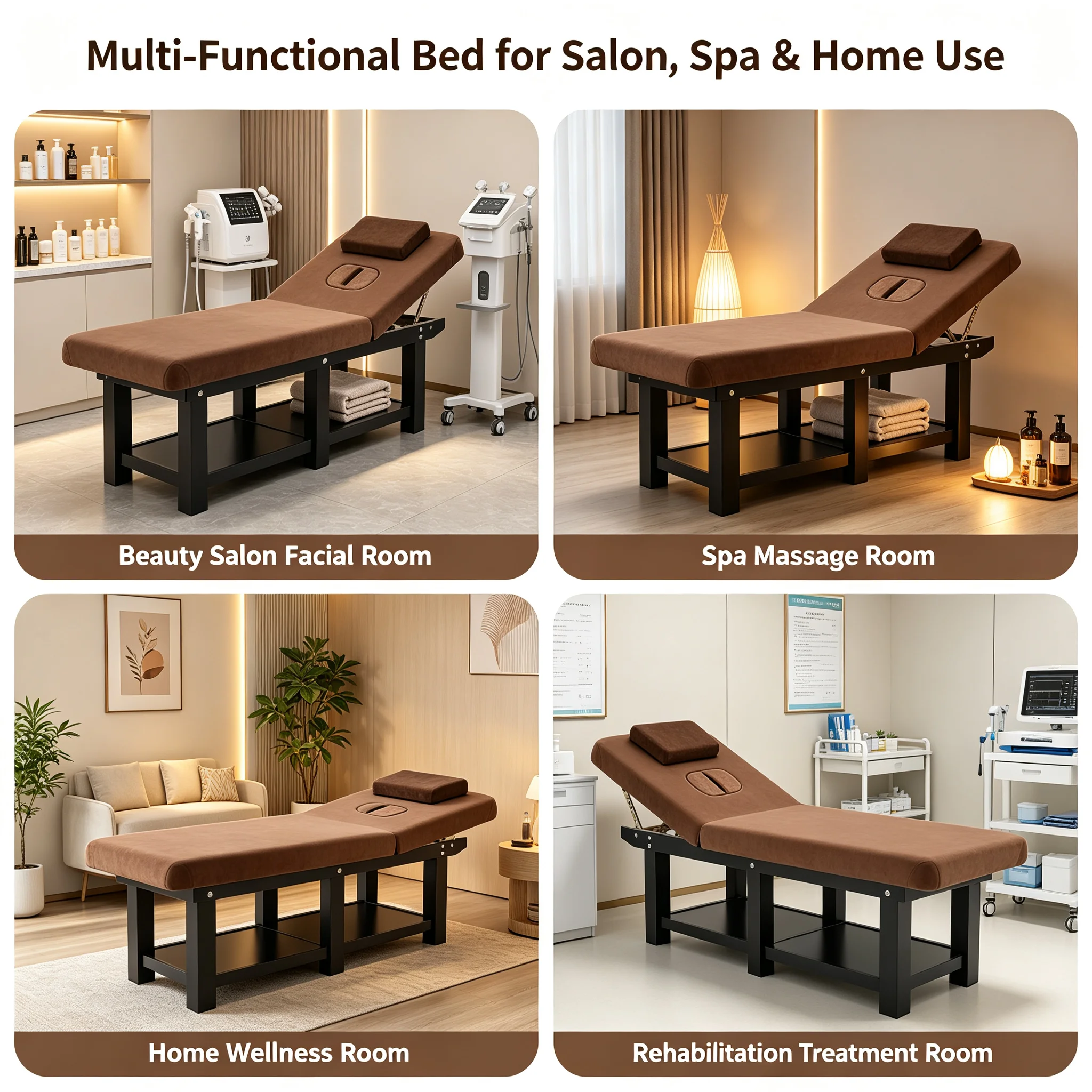 Wide Massage Bed Solid Wood Spa Facial Bed with 0-45° Adjustable Backrest, 881.85lbs Load, Velvet Cushion & Storage Shelf for Salon Beauty Physical Treatment