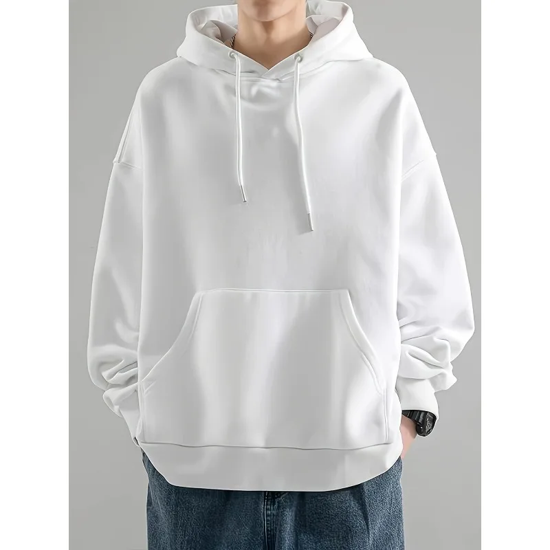 Men's casual hoodie, polyester fiber, solid color, loose fit, pockets and slightly elastic fabric