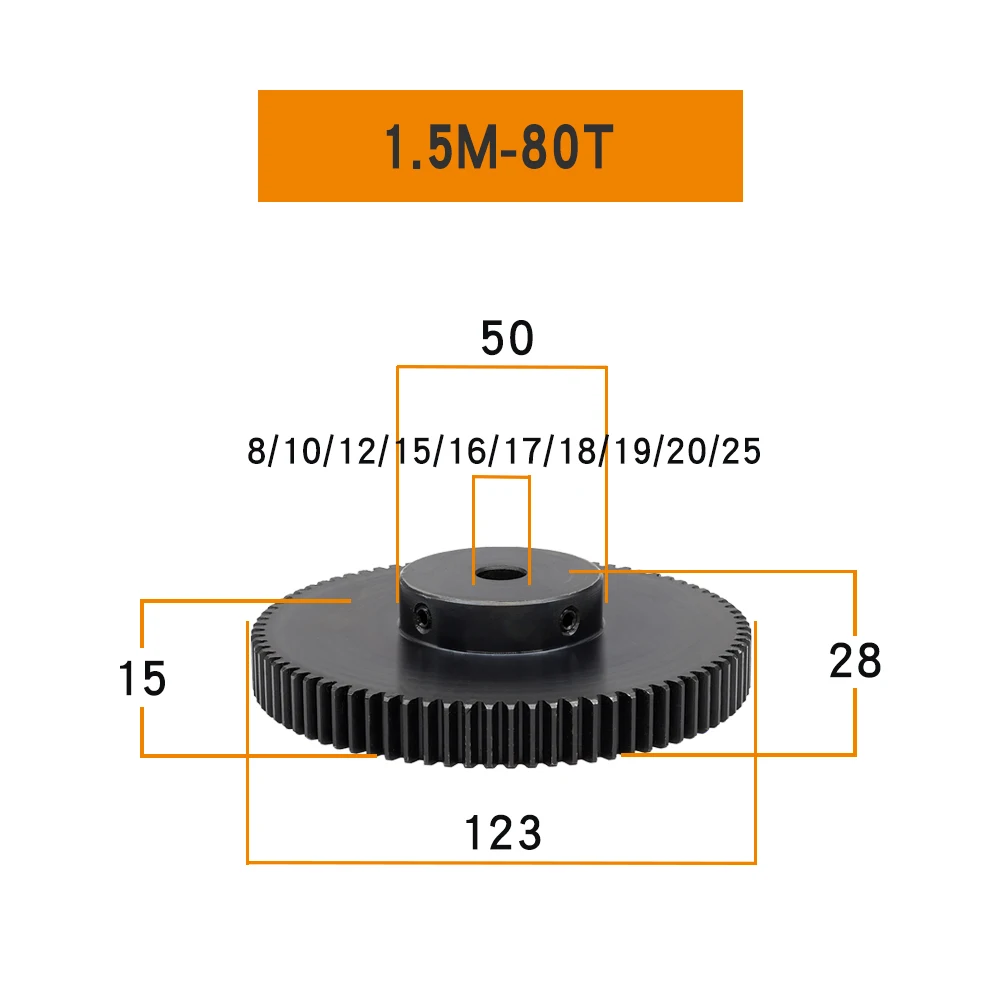 Metal Gear 1.5 Module-80T Bore 8/10/12/15/16/17/18/19/20/25 mm Transmission Gear Blackening SC45#Carbon Steel Teeth Height 15mm