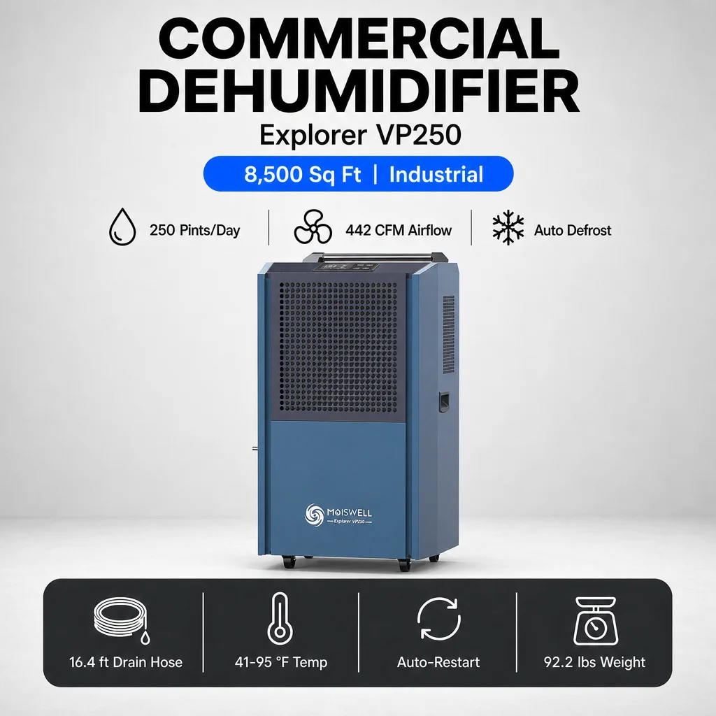 Moiswell 250 Pints 118L 8500 Sq Ft Commercial Auto Defrost Water Damage Restoration Continuous Drain Warehouse Dehumidifier