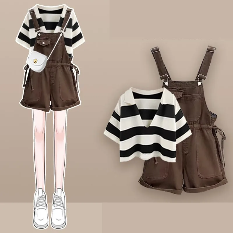 Women's 2026 Summer New in Matching Set Korean Elegant Knit Short Sleeve Top+Retro Strap Shorts Two Piece Female Clothing Suit