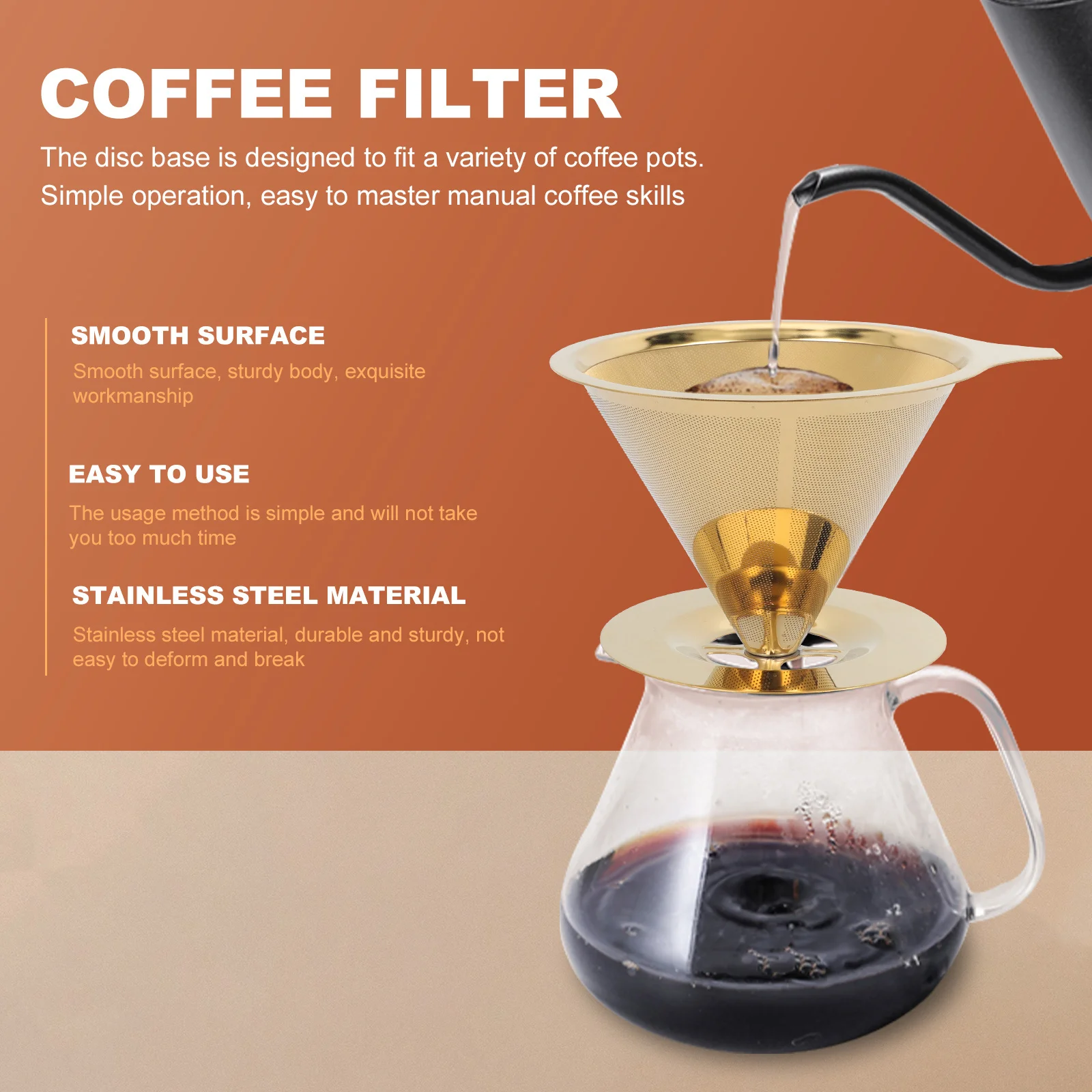 

Premium Metal Coffee Filter Smooth Surface Sturdy Body Coffee Dripper Reusable Stainless Steel Slow Drip Funnel