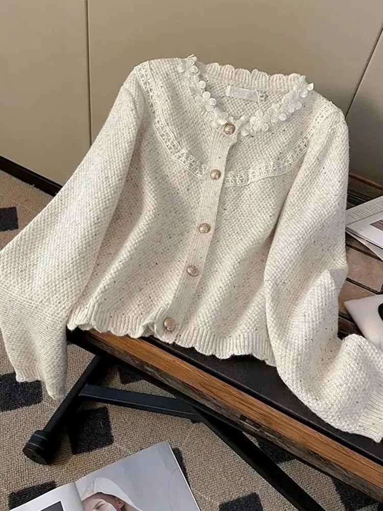 

Floral Elegant Cardigan Women Vintage Sweet Long Sleeve Knitted Sweater French Retro Casual O Neck Design Fall Ins Tops Coats