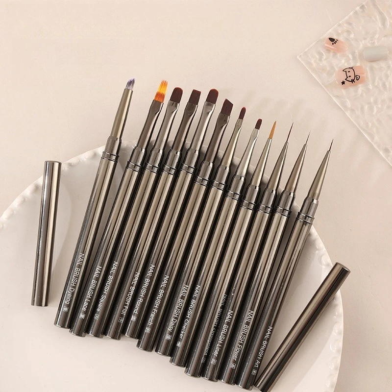 Black Nail Art Brush 12-piece Set, Large Square Head, Line Drawing, Flower Light Therapy, Gradient Nail Art Tool