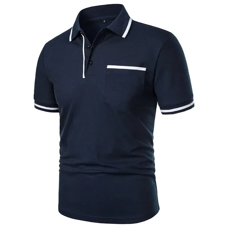 Summer Men's Short Sleeve Breathable T Shirts Solid Color Lightweight Polo Shirt Trendy Loose Basic Splice Top with Pockets