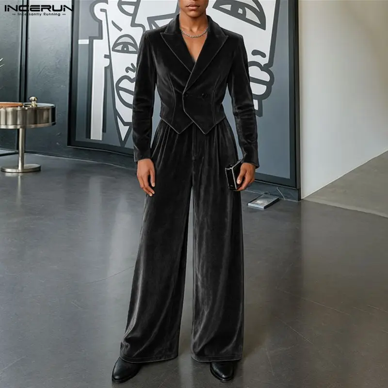 INCERUN-Conjuntos para hombre, chaqueta y pantalones de manga larga con solapa de terciopelo de Color sólido, conjuntos de dos piezas, ropa de calle, trajes informales elegantes a la moda para hombre