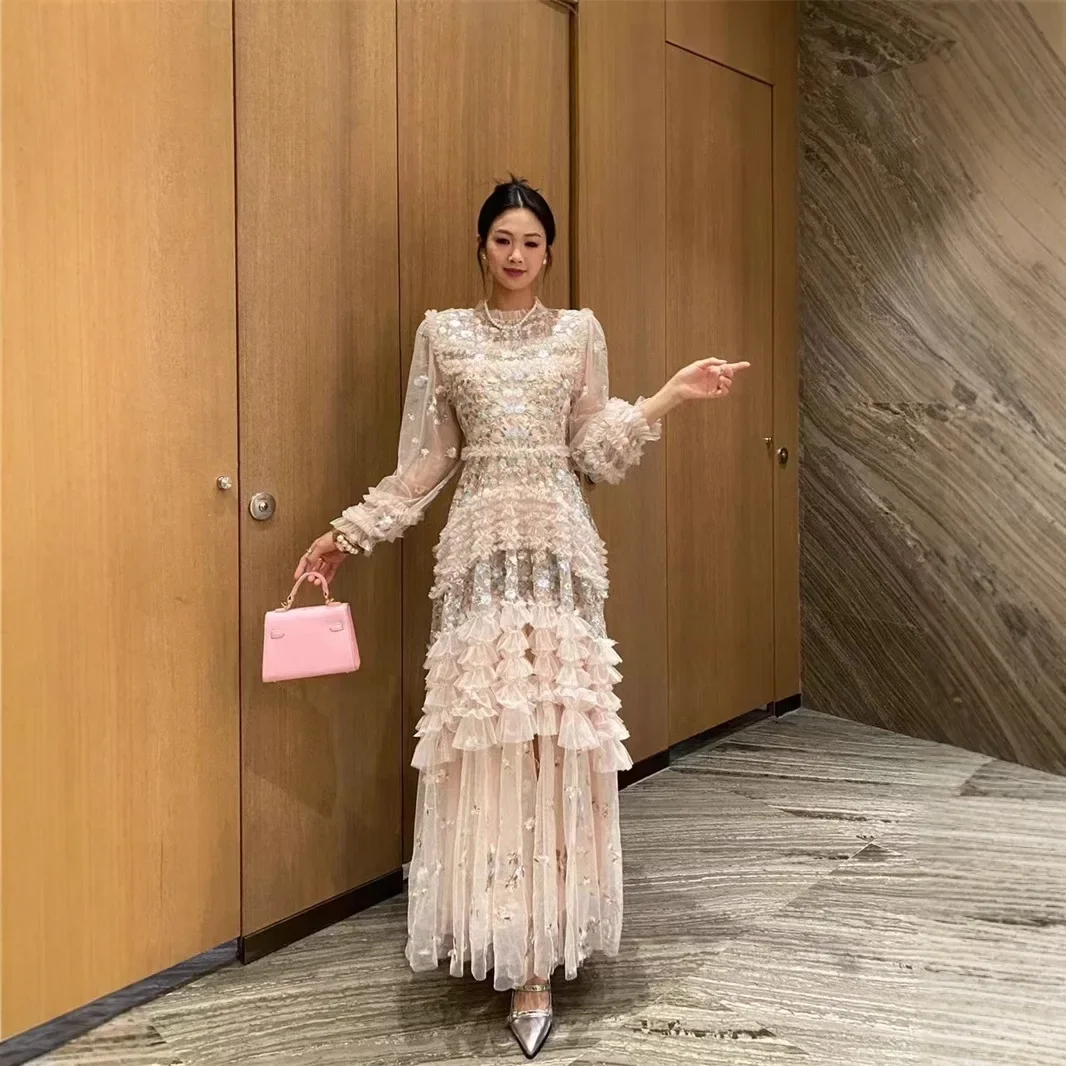 الربيع الصيف حالمة الجنية زهرة التطريز تول فستان طويل ماكسي تنورة نمط الأزهار طباعة ثوب مسائي الملابس النسائية #3