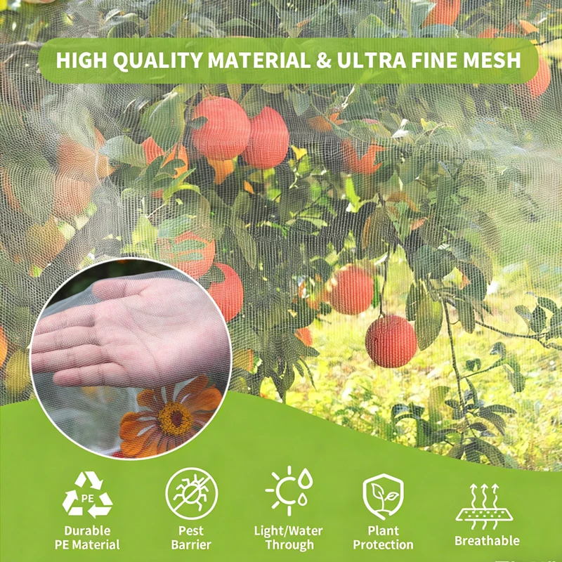 Large Plant Protective Cover with Drawstring & Zipper, Insect & Bird Proof Barrier Net for Flowers and Fruits, Gardening Tool