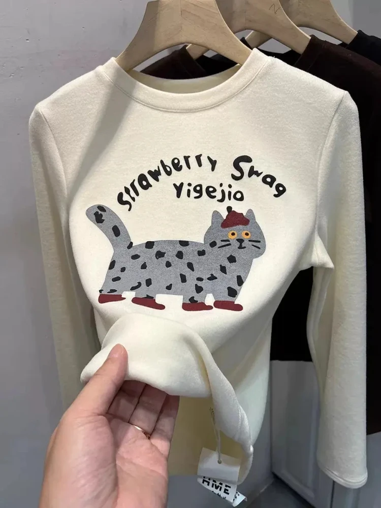 Ultra Warm  Print Long Sleeve T-Shirt Double Sided Flocking Slimming Inner Wear Base Top for Women Commute Style Korean Ve...