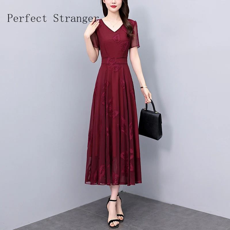 2024 M-5XL Red Floral Chiffon Casual Maxi Vestidos Summer Short Sleeve Elegant  Women Korean Vintage Chic Maxi Long Dress