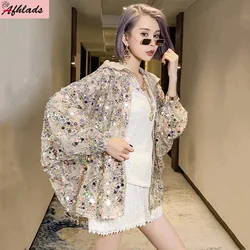 Estate nuovo paillettes scava fuori coulisse con cappuccio sottile Cardigan allentato cappotto manica lunga cerniera Streetwear giacche donna