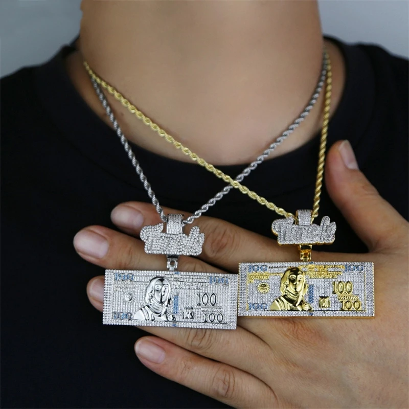 Fashion 100 Dollars Shape Pendant Pave 5A Zirocn with Long Stainless Steel Chain Necklace For Men Women Hip Hop Jewelry