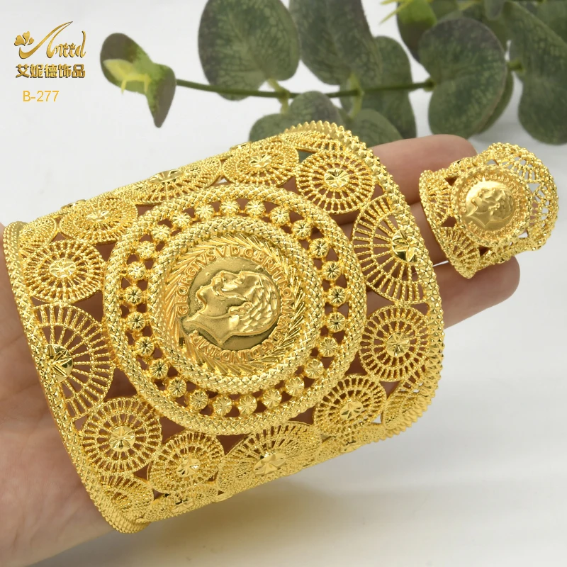 Dubai Gold Color Bangles With Ring For Women Indian Charm Bracelet Jewellery Arabic Wedding Party Banquet Gifts Wholesale