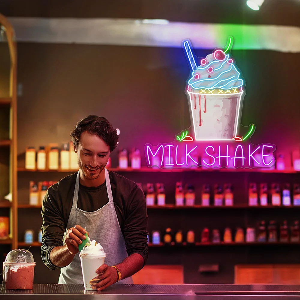 Milkshake Neon Sign Custom Coffee Bar Ice Cream LED Neon Light Home Wall Decor Drink Boba Shop Restaurant Decor Welcome Sign